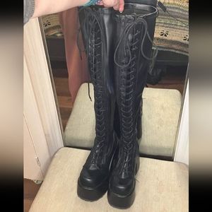 Demonia Over-The-Knee Lace Up 5" Platforms - size 9